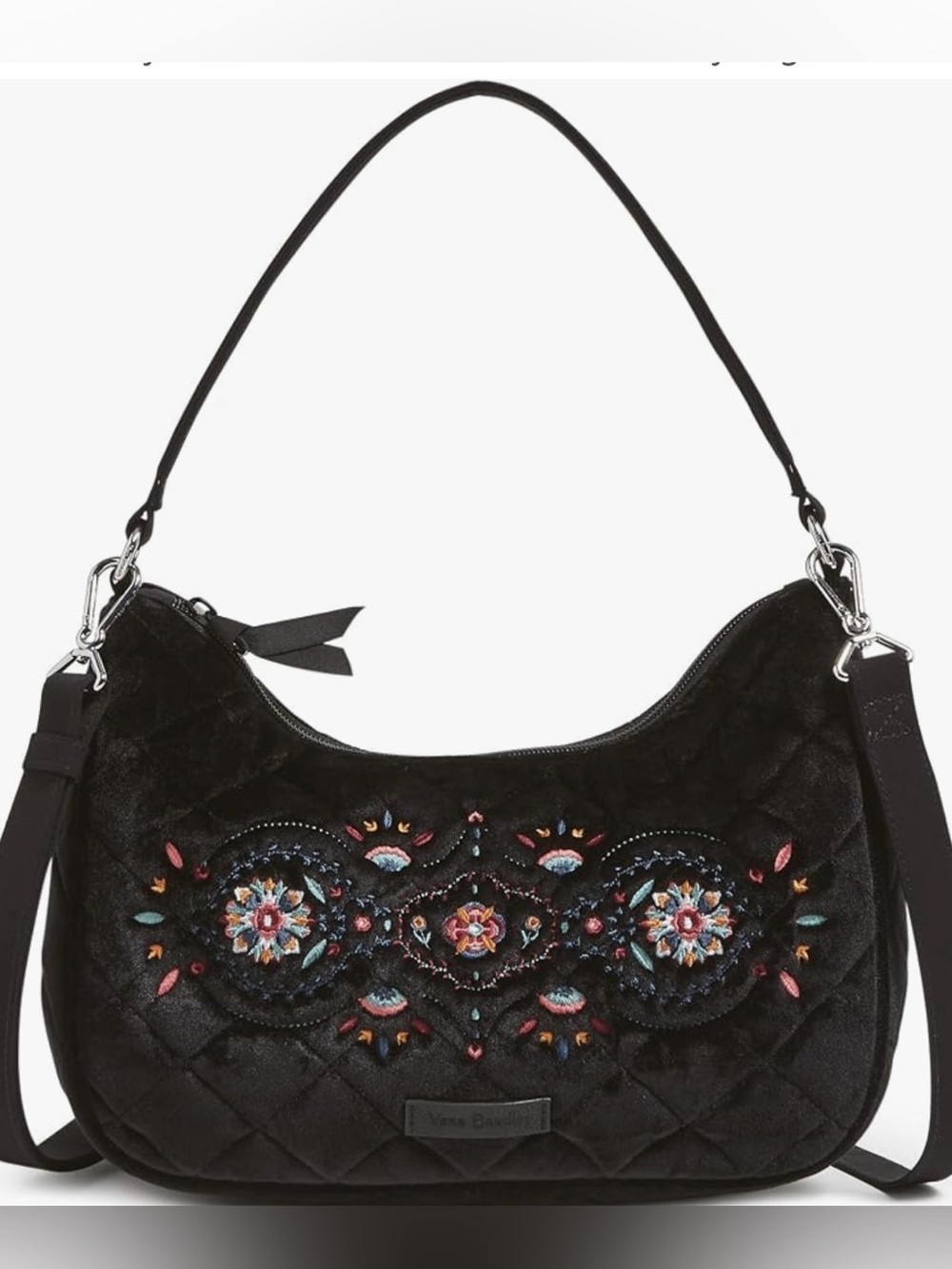 Vera Bradley Black Quilted Velvet Shoulder Bag with Multicolor Embroidery